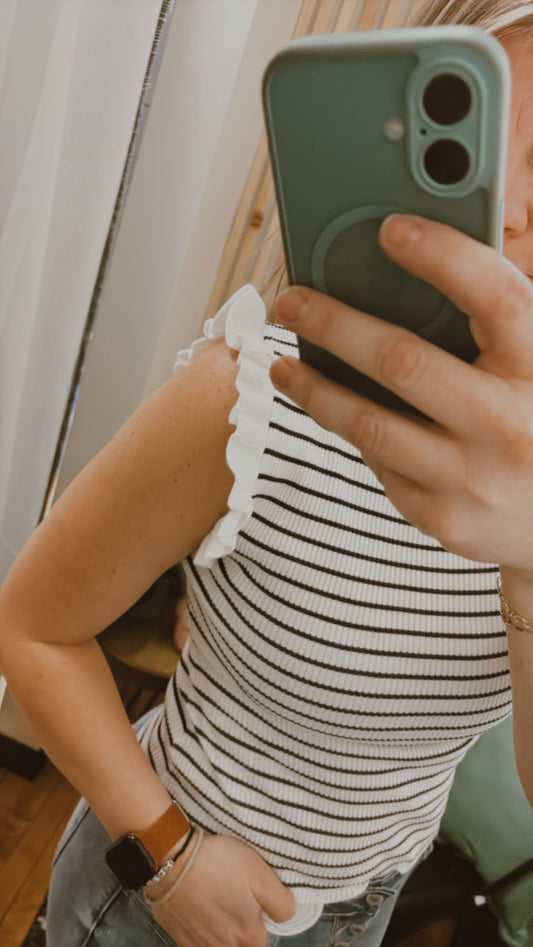 Stripe Ruffle Trim Sleeveless Top