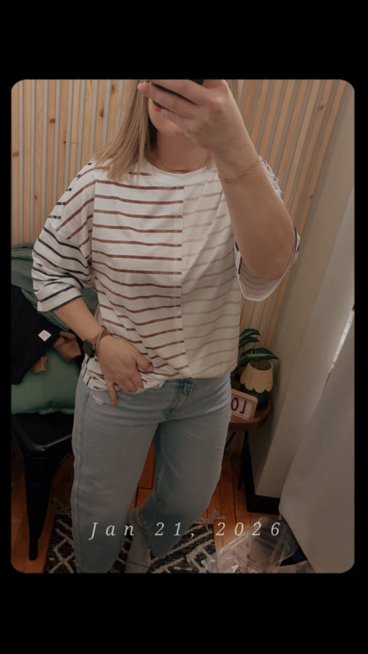 Khaki Stripe Colorblock 3/4 Sleeve Loose T Shirt