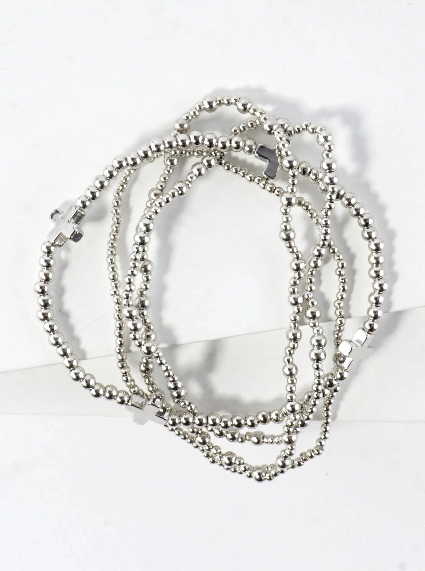 4PC-Set Cross Accents Metallic Beaded Stackable Stretch Bracelet