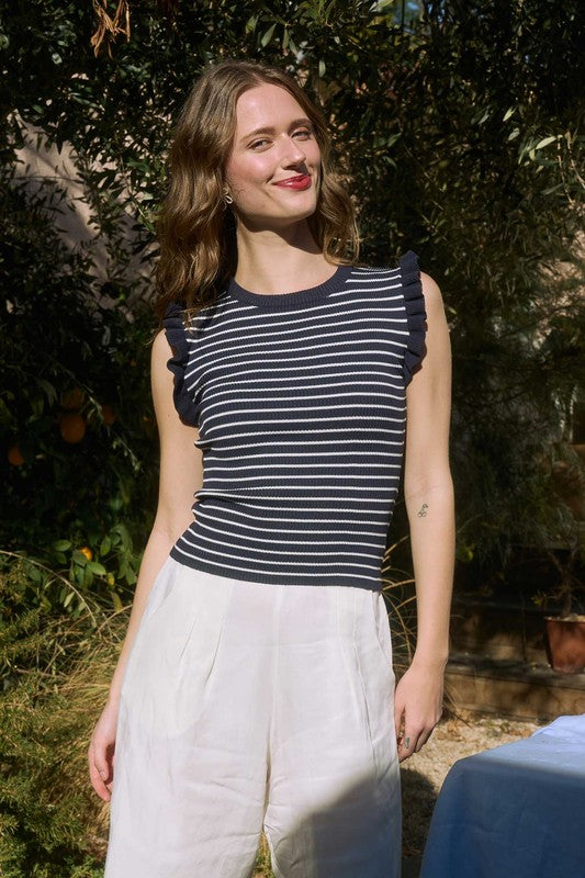 Stripe Ruffle Trim Sleeveless Top