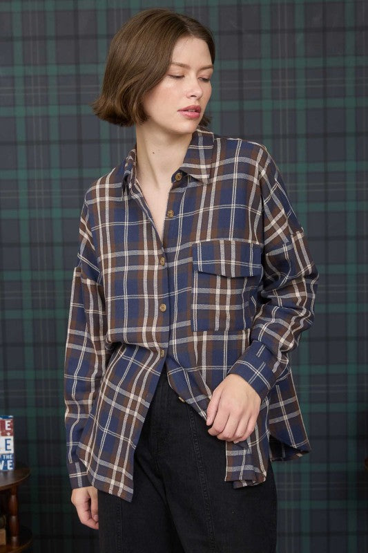 Plaid Button Down Pocket Detail Long Sleeve Shirt