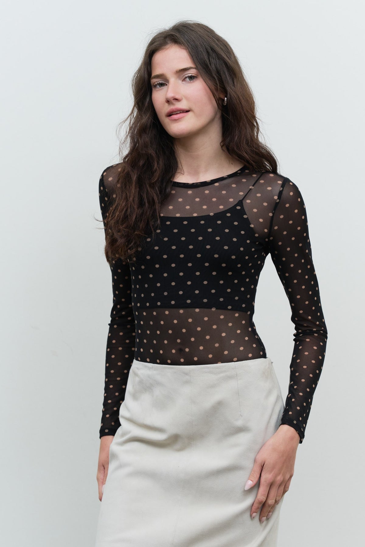 Polka Dot Sheer Mesh Long Sleeve Bodysuit