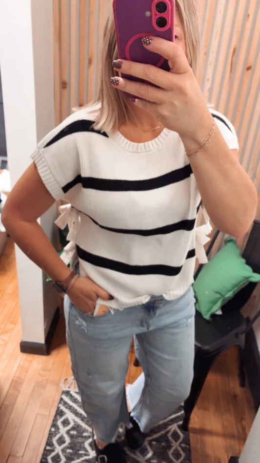 Stripe Side Tie Short Sleeve Knit Sweater