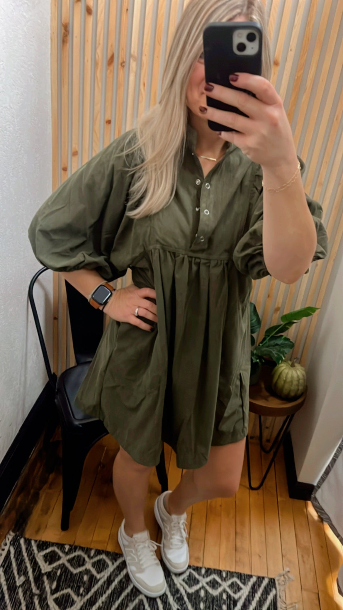 Corduroy Snap Buttons Empire Waist Bracelet Sleeve Dress M Corduroy Snap Buttons Empire Waist Bracelet Sleeve Dress M