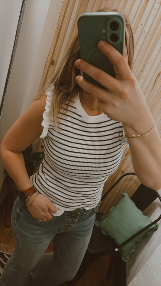 Stripe Ruffle Trim Sleeveless Top