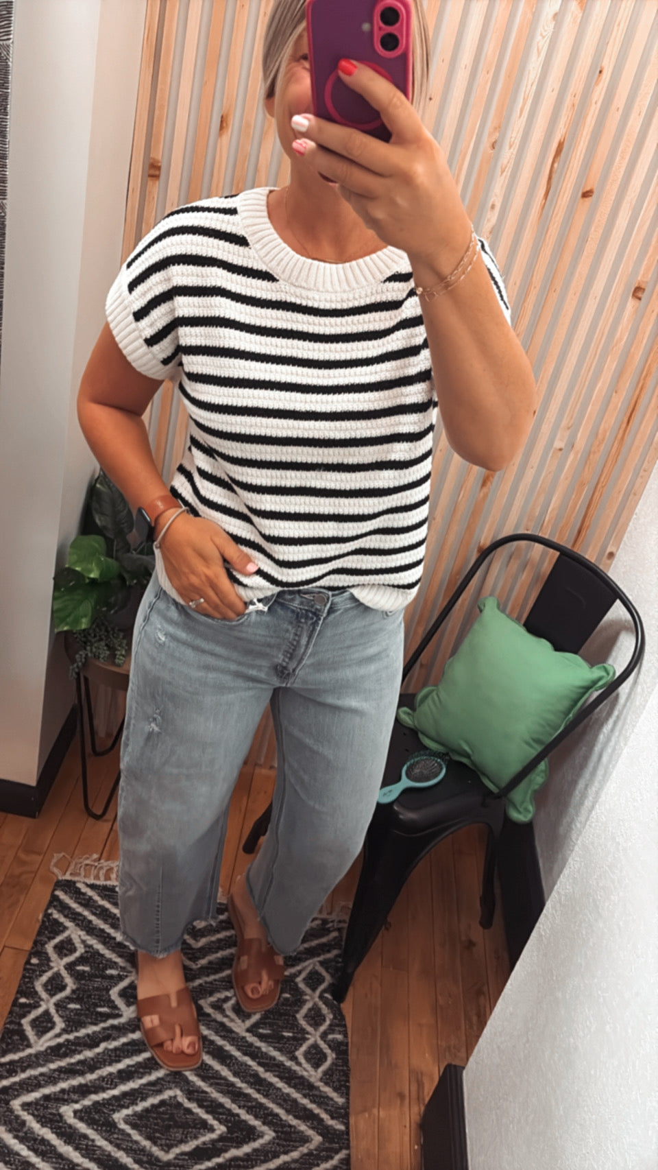 Stripe Crew Neck Short Sleeve Knit Pullover