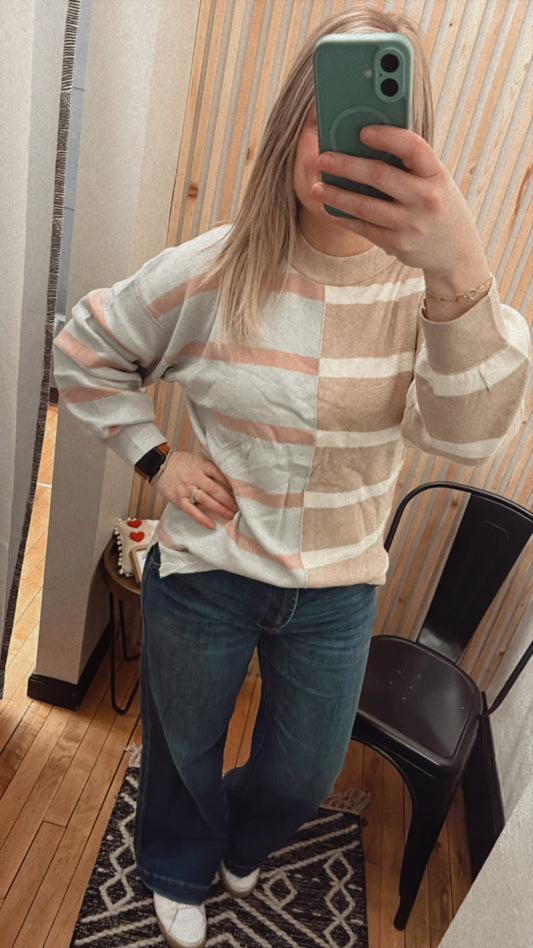 Khaki Stripe Colorblock Oversized Sweater