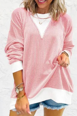 Blossom Corded Colorblock Drop Shoulder Loose Top