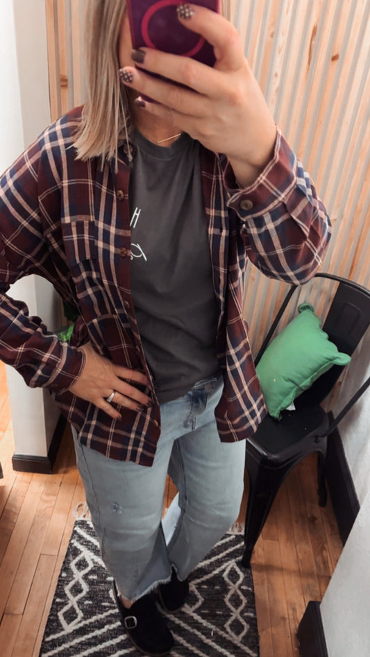 Plaid Button Down Pocket Detail Long Sleeve Shirt