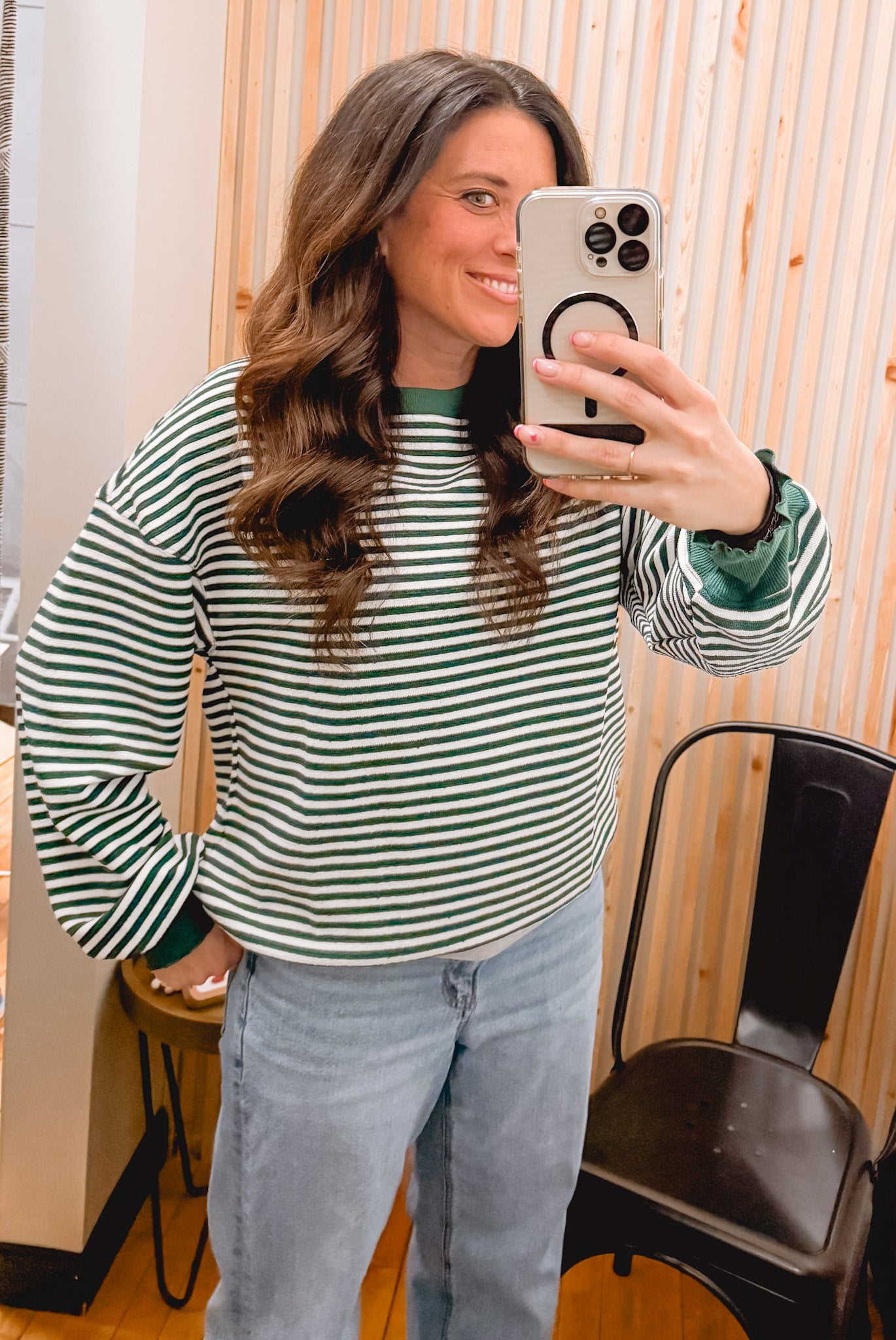 Green Stripe Drop Shoulder Long Sleeve Top