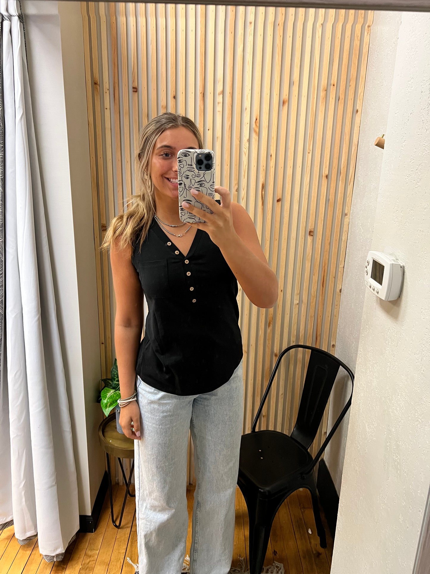 Half Button V Neck Pocket Tank Top