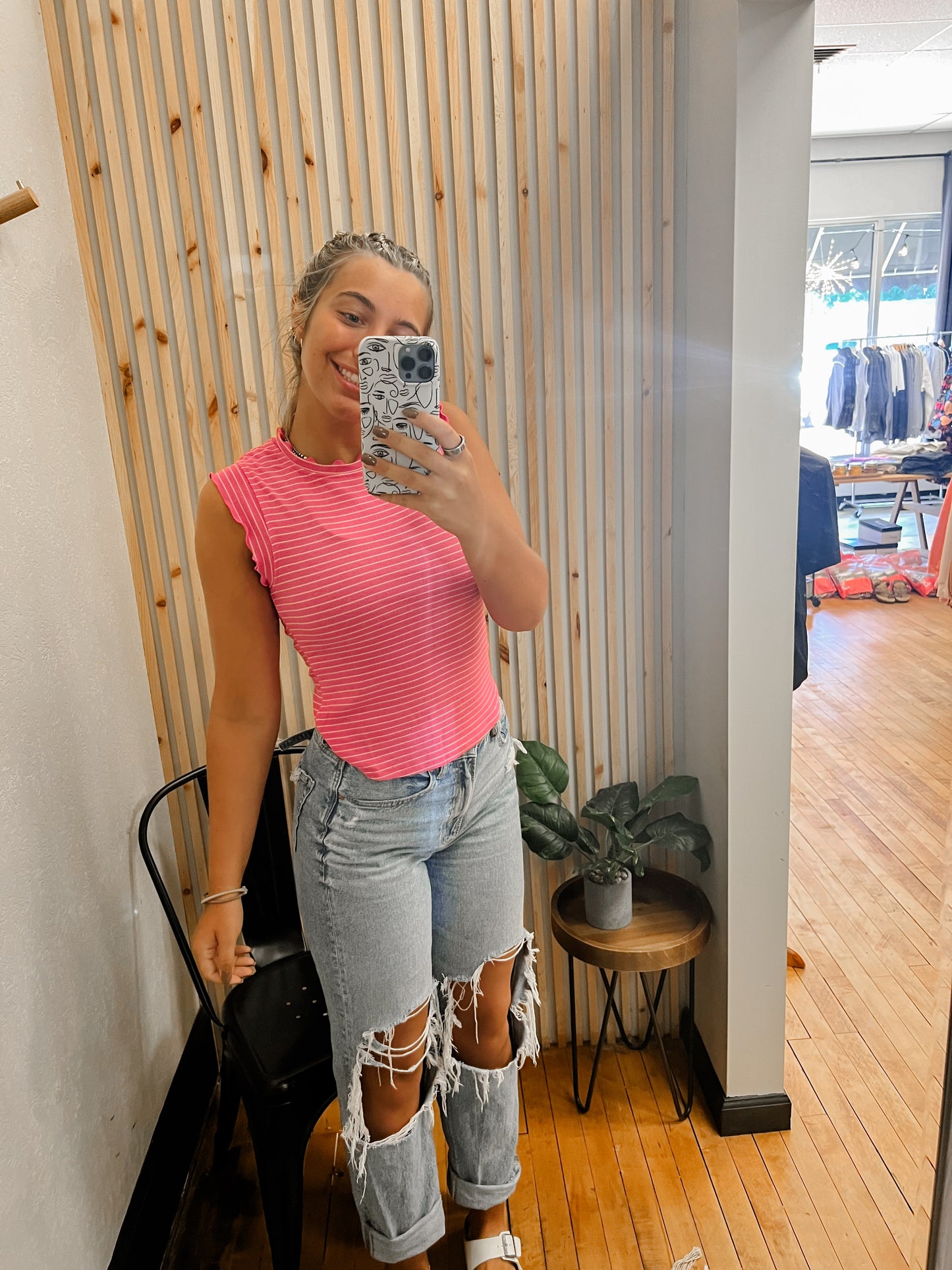 Striped Pink Ruffle Detail Tank
