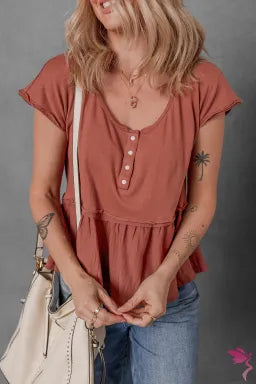 Chestnut Short Sleeve U Neck Buttons Splicing Ruffle Blouse