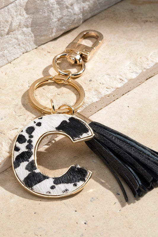 Leather Tassel with Animal Print Initial Key Chain