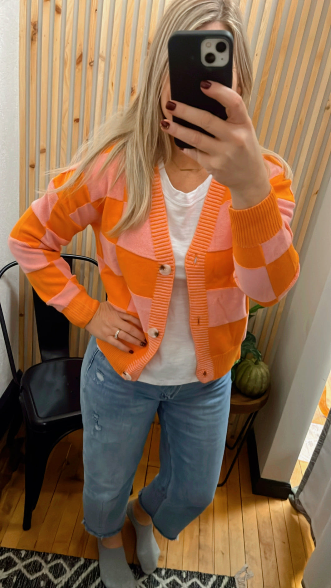 Orange Checkered Cardigan