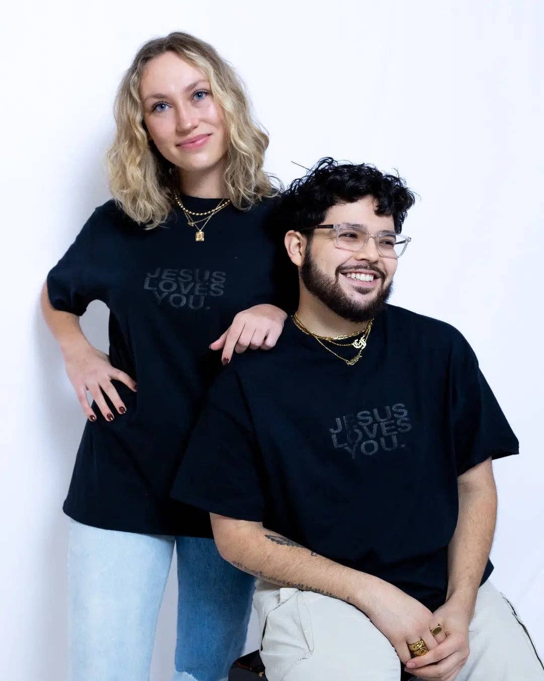 Puff Print Black on Black Logo Tee Jesus Loves You