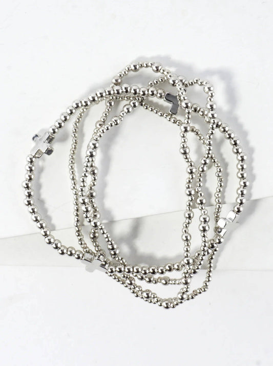 4PC-Set Cross Accents Metallic Beaded Stackable Stretch Bracelet