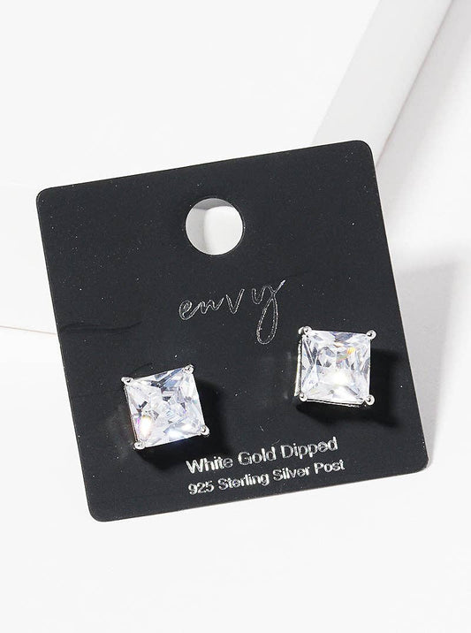 18K Gold Dipped Square Cz Sterling Silver Stud Earrings