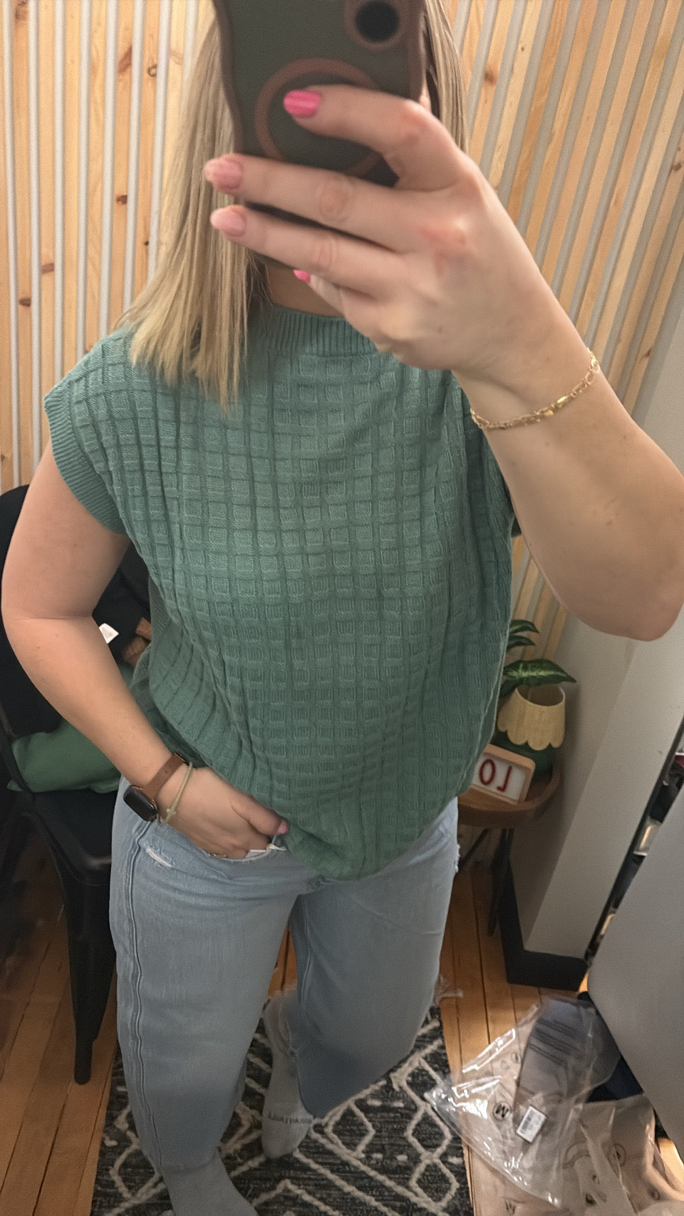 Mist Green Solid Color Round Neck Textured Short Sleeve Sweater
