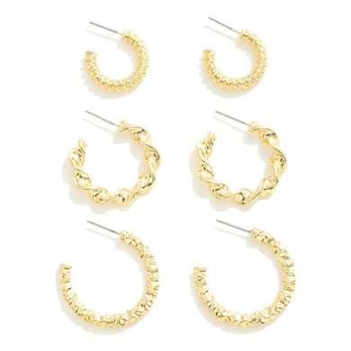 Set of Three Twisted Metal Drop Hoop Earrings