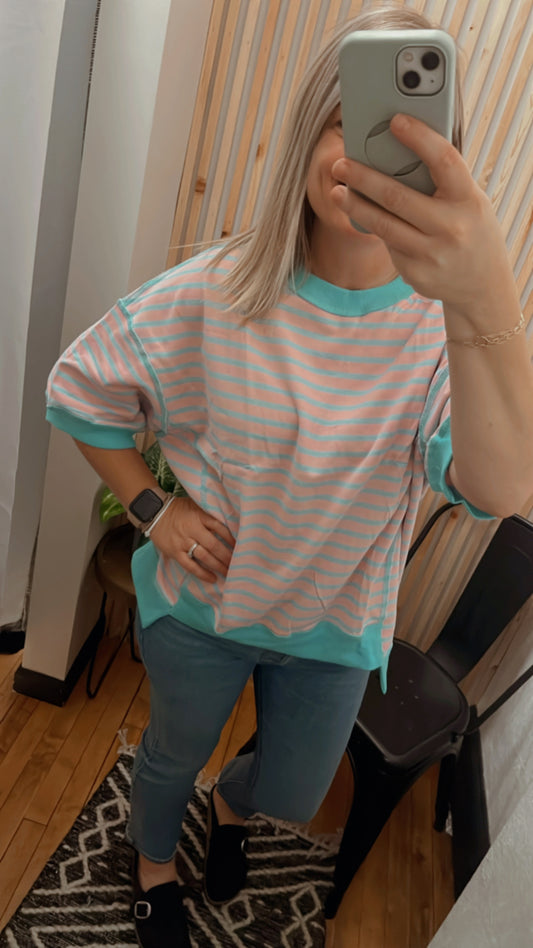 Pink Stripe Oversized Contrast Trim Exposed Seam High Low T Shirt