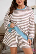 Khaki Stripe Contrast Edge Drop Shoulder Pullover and Shorts Plus Size Set