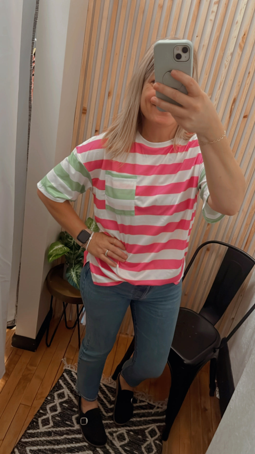 Pink Stripe Contrast Patch Pocket Drop Sleeve T Shirt