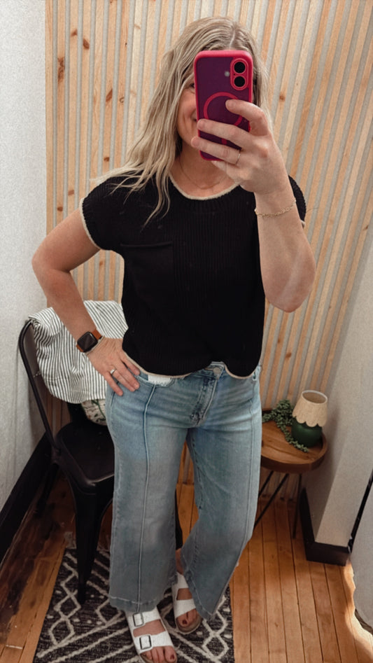 Contrast Trim Short Sleeve Pocket Detail Sweater