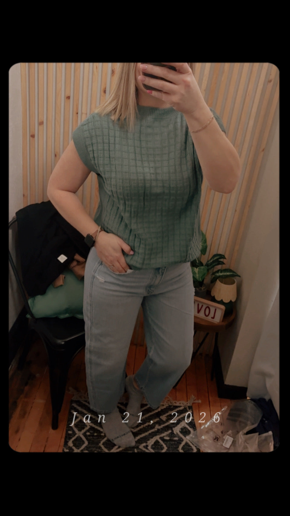 Mist Green Solid Color Round Neck Textured Short Sleeve Sweater