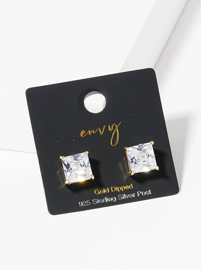 18K Gold Dipped Square Cz Sterling Silver Stud Earrings