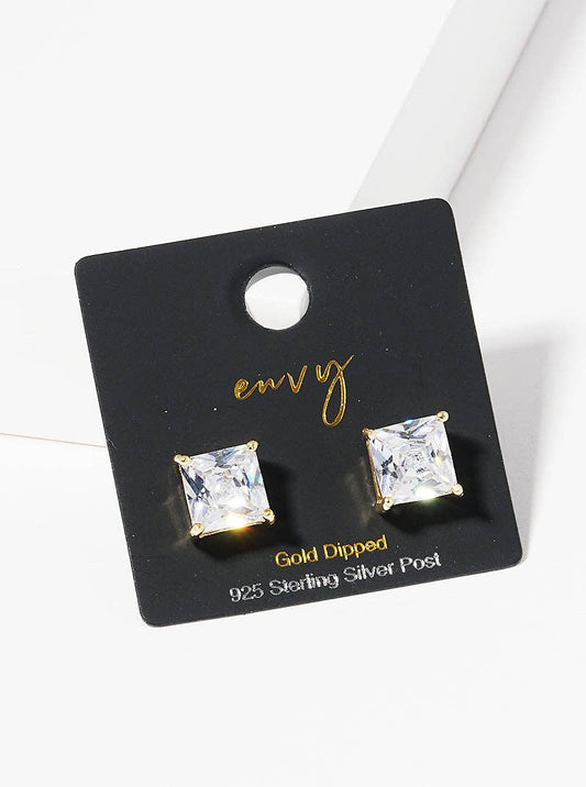 18K Gold Dipped Square Cz Sterling Silver Stud Earrings