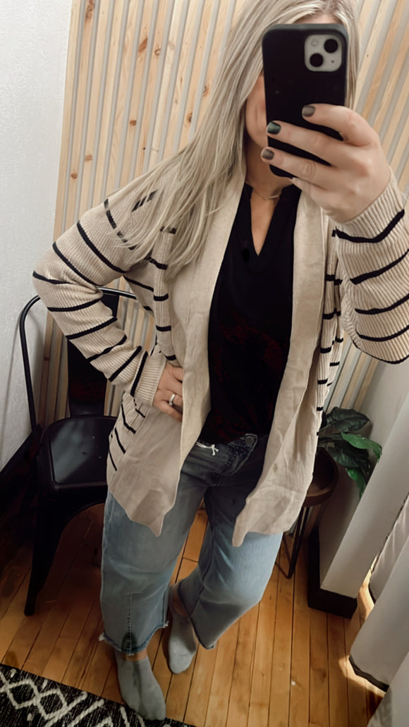 Stripe Shawl Neckline Open Cardigan with Pockets