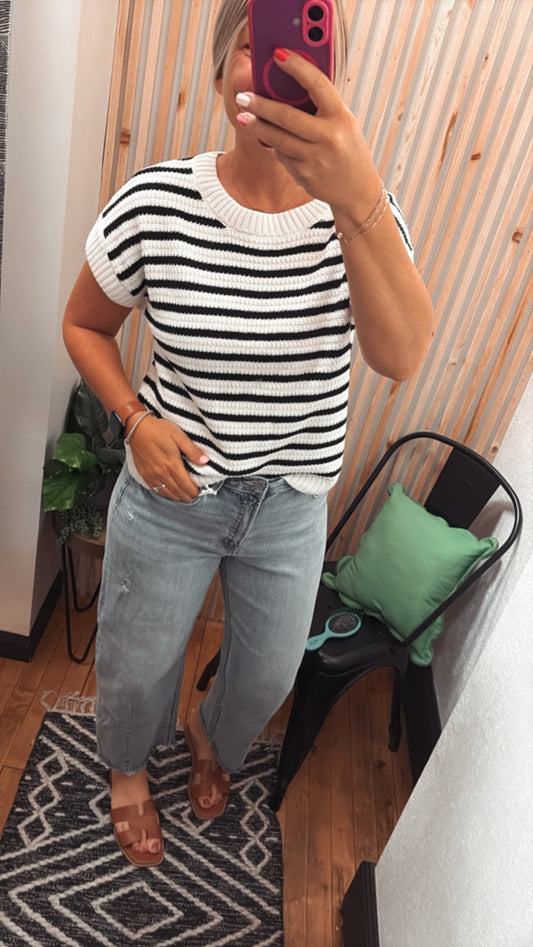 Stripe Crew Neck Short Sleeve Knit Pullover