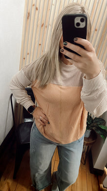 Khaki Color Block Long Sleeve Ribbed Loose Top