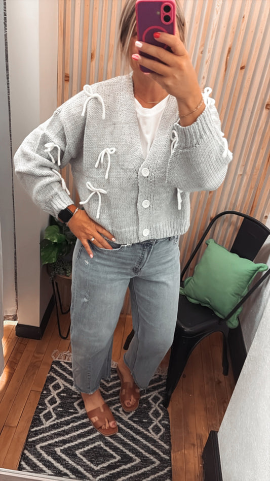 Bow Detail Button Down Cropped Knit Cardigan