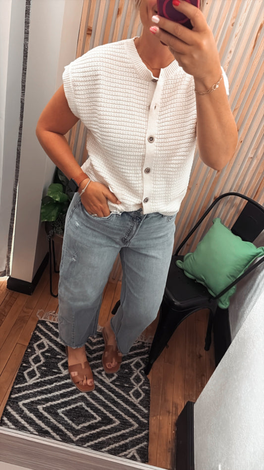 Button Down Short Sleeve Knit Cardigan Top