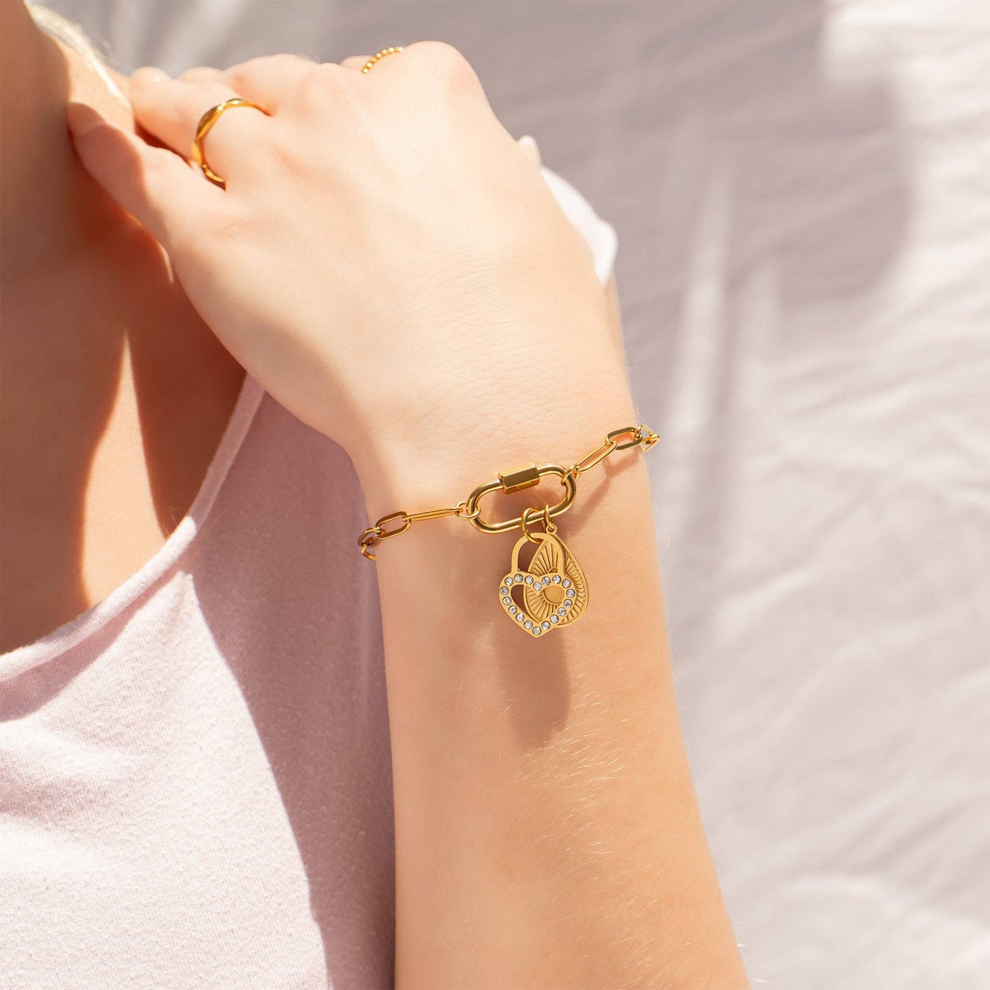 18K Gold PVD Stainless Steel Paperclip Carabiner Bracelet