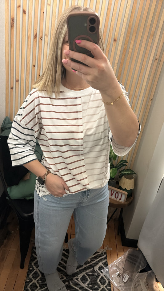 Khaki Stripe Colorblock 3/4 Sleeve Loose T Shirt