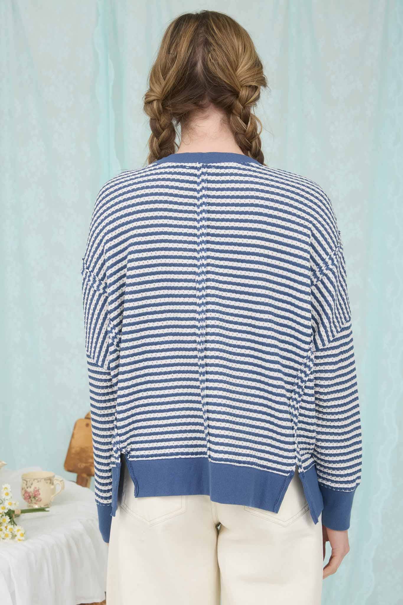 Stripe Exposed Seam Split Hem Top