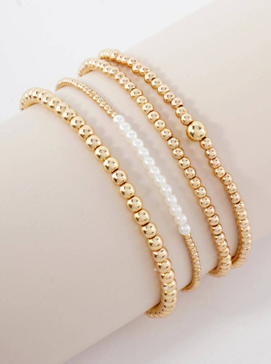 4PC-Set Metallic Beads Pearls Stackable Stretch Bracelets