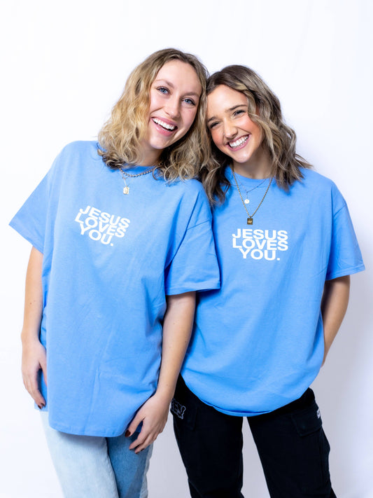 University Blue Logo Jesus Loves You Tee