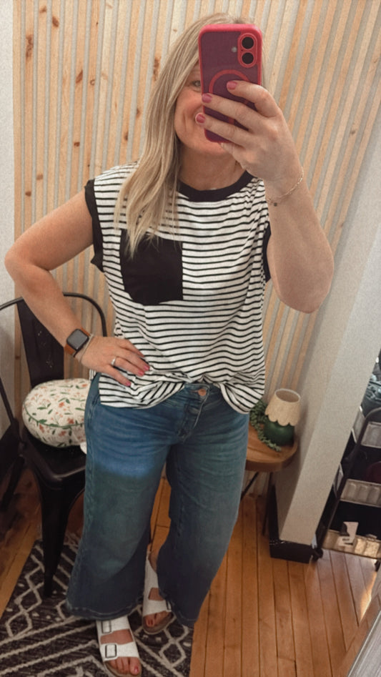 Black Pocket Stripe Tee