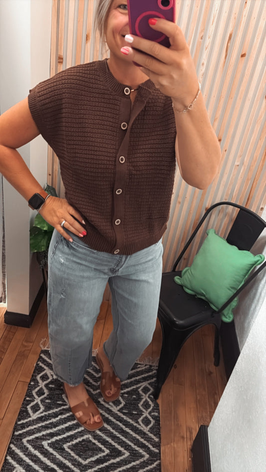 Button Down Short Sleeve Knit Cardigan Top