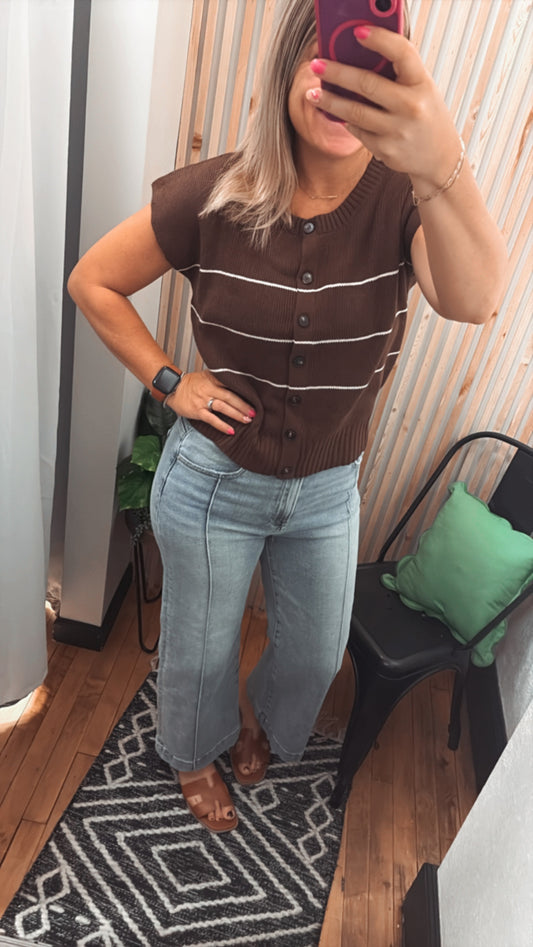 Stripe Button Down Short Sleeve Knit Top