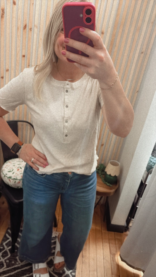 Oatmeal Short Sleeve Half Button Ribbed Knit Top