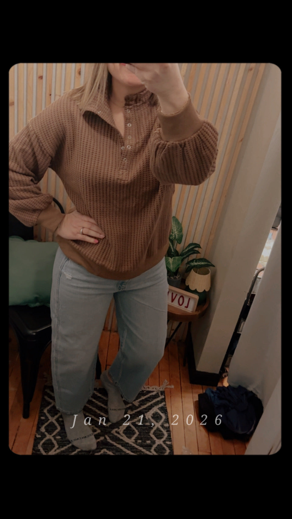 Brown Snap Waffle Top