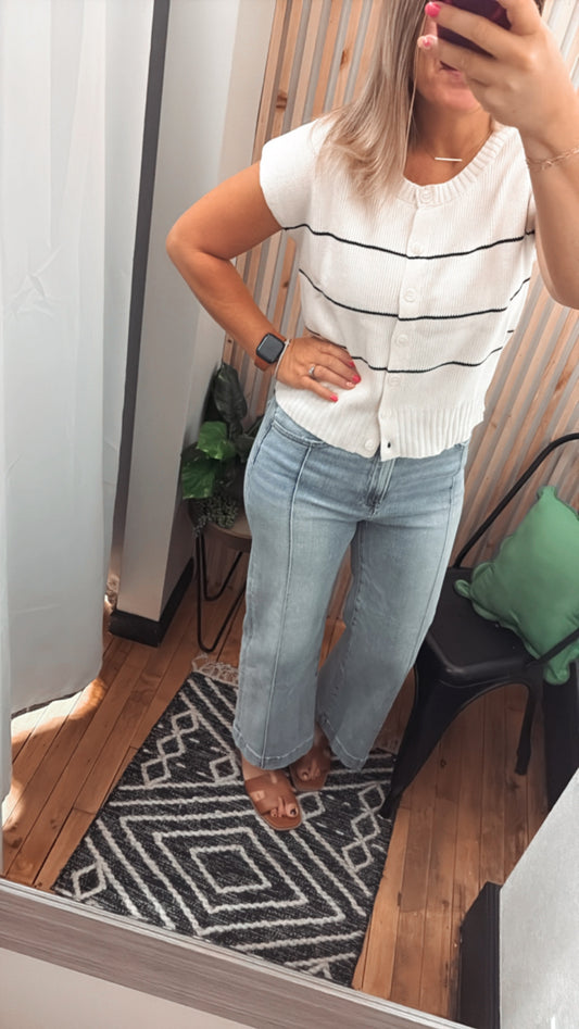 Stripe Button Down Short Sleeve Knit Top