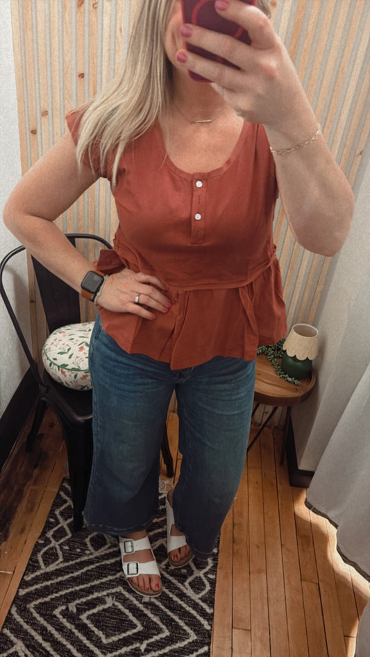Chestnut Short Sleeve U Neck Buttons Splicing Ruffle Blouse