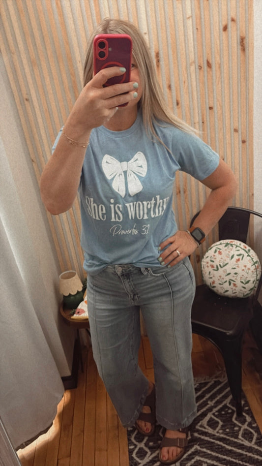 She is Worthy Heather Blue Tee
