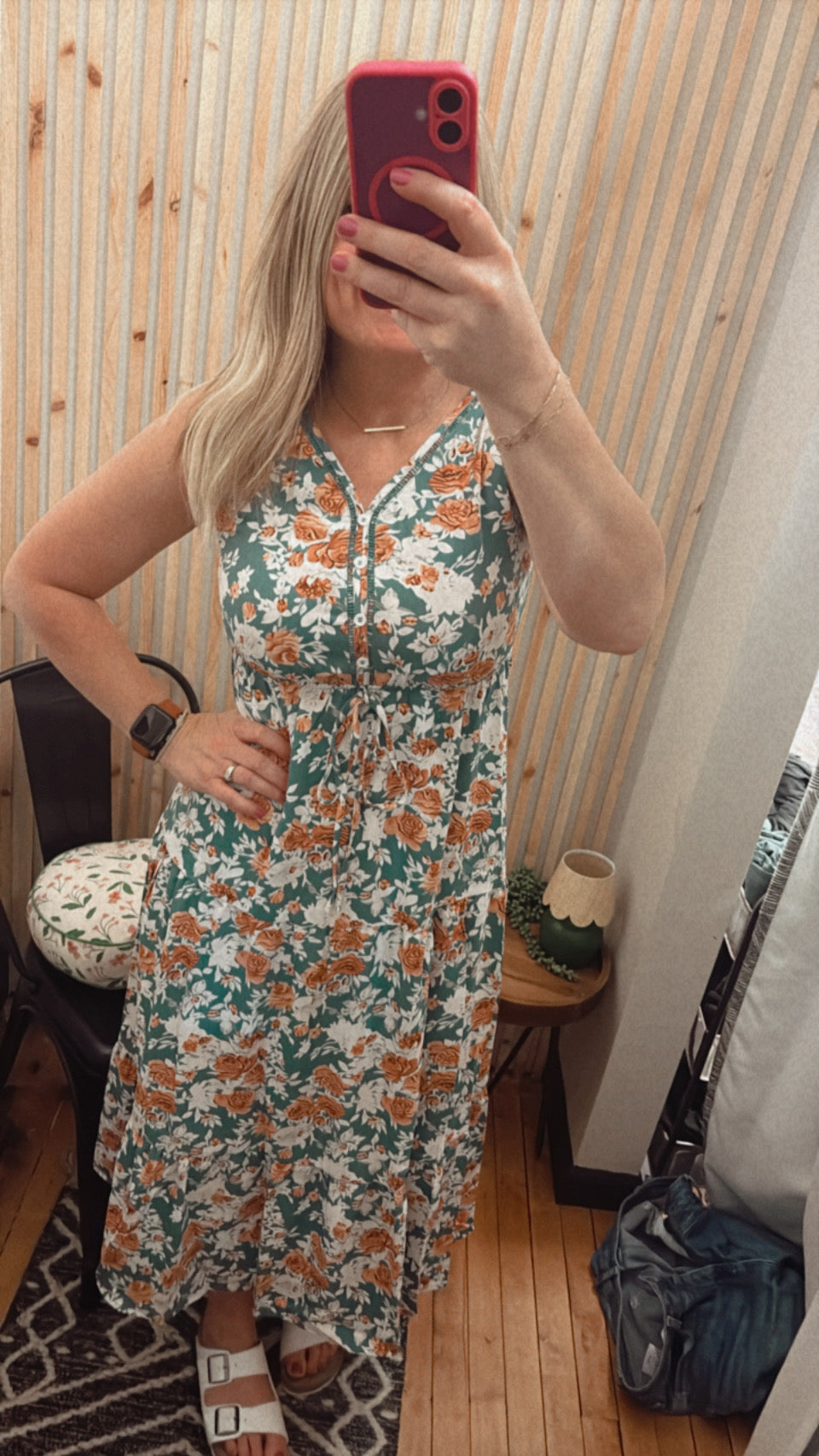 Green Floral Print Trimmed V Neck Tie Waist Sleeveless Dress
